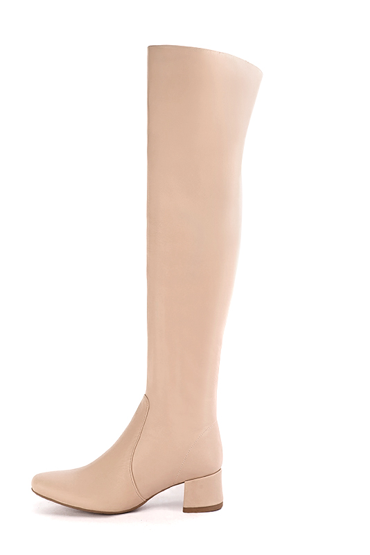 Powder pink women's stretch thigh-high boots. Round toe. Low flare heels. Made to measure. Profile view - Florence KOOIJMAN